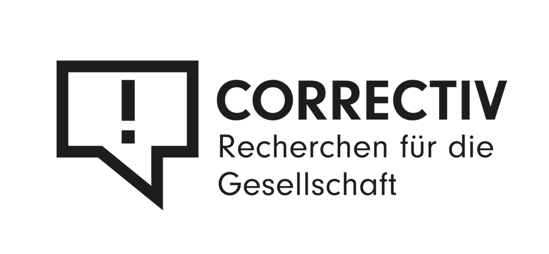 Korrektiv Logo neben einer Sprechblase mit einem Ausrufezeichen darin. Darunter steht "Recherchen für die Gesellschaft"